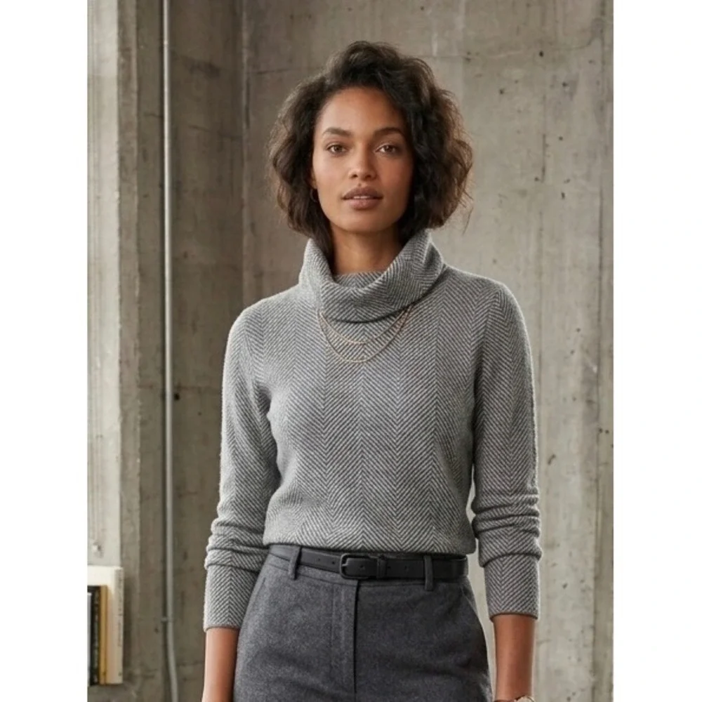 J.Crew Women Herringbone Funnel Neck Pullover Sweater Black White Fleece Lined S